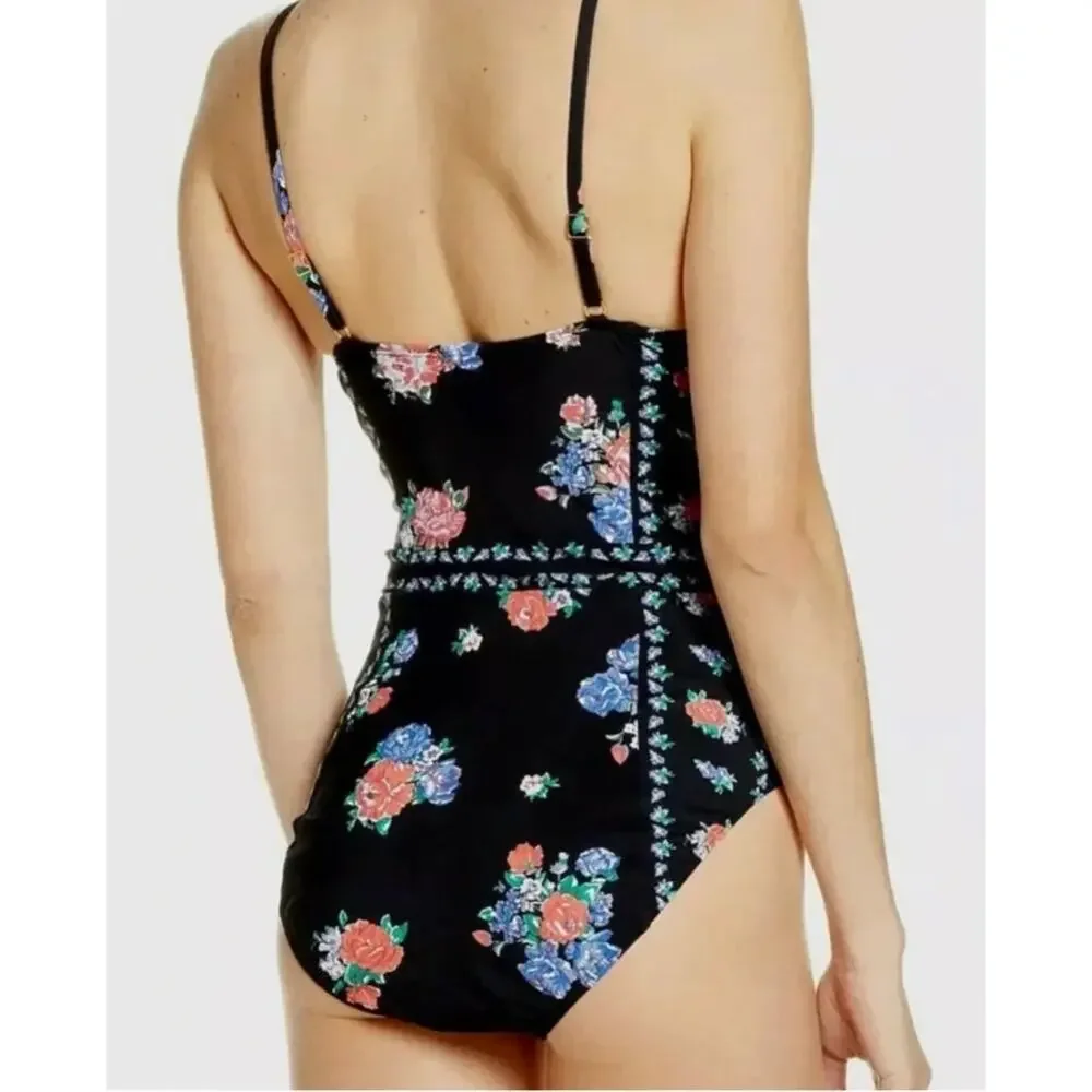 TORY BURCH Tea Rose Heirloom Stripe Floral One Piece Swimsuit L NWT
